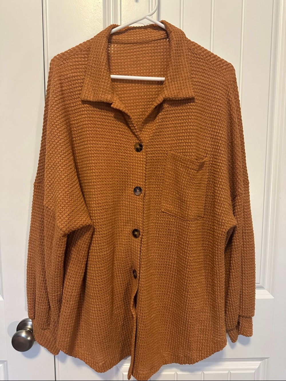 Waffle Button-Front Shirt Jacket - Rust